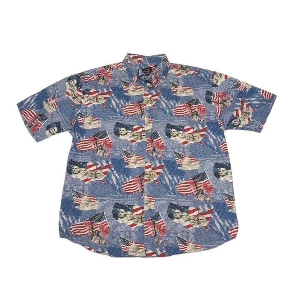 Cotton Trader Sports Men's Medium America Shirt Liberty‎ Flag Rushmore Button Up